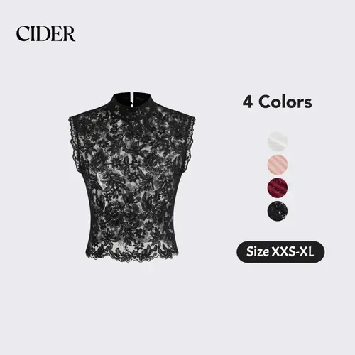 Cider Lace Crop Top with Mandarin Collar – Sheer Floral See -Through Tank, Layering-Friendly for Date Nights & Spring Outfits SummerFinds