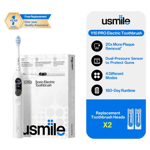 usmile Y10 Pro Electric Toothbrush - ADA & TÜV Trusted, Missed Spot Screen, USB-C Rechargeable Cable, Pressure Control, 6-Month Battery Life, Plaque Removal, Gum Health Support, Compatible with Replacement Toothbrush Heads