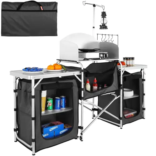 【Father's Day Gifts】VEVOR Aluminum Frame Compact Camping Kitchen Station - 3 Cupboards, Detachable Windscreen, Storage Bag, Quick Set-Up, Slim Fold Slips Into Bag, RV/BBQ/Picnic Ready Camping Furniture, Portable Outdoor Table