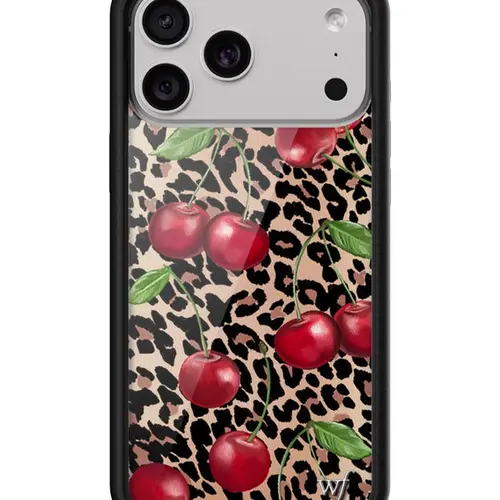 Wildflower Cases Ming Lee Collab Limited Edition Custom iPhone Case, Black-Brown Animal Print with Vibrant Red Cherries & Green Leaves, Raised Rubber Protection Bumper, Women's Small Business Phone Accessories, Gift for Her