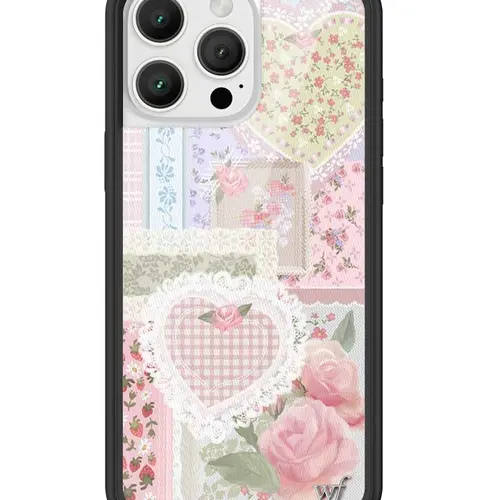 Frilly Floral | Limited Edition Trendy iPhone Case | Raised Protective Black Bumper | Women Owned Small Business | Light Pink Roses White Lace Patchwork Red Roses Pink and Purple and Green Background | Safety Casing Protective | Gift for Her, Cover, Acces