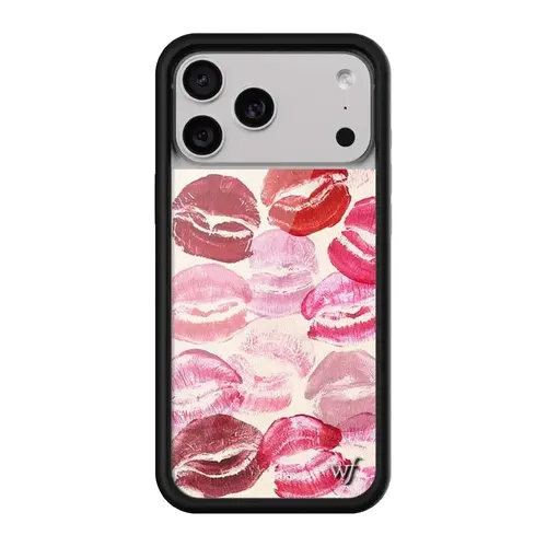 Kensington | Limited Edition Trendy iPhone Case | Raised Protective Black Bumper | Women Owned Small Business | Kensington Kiss Print Collaboration White Background Pink and Red Lipstick | Safety Casing Protective | Gift for Her