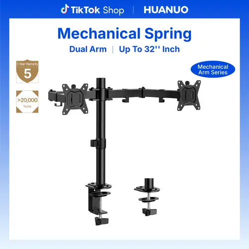 HUANUO Sturdy Steel Dual Monitor Desk Mount Riser - Office Accessories, Adjustable Arms, Reinforced Base, 16.3in High Space-Saving, Holds 2 Max 32" Screens (17.6lbs per Unit), ±90° Tilt Adjust#TikTokShopBlackFriday