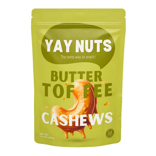 Yay Nuts Butter Toffee Cashews - 12 oz Food, Ready-to-Eat Snacks, Roasted Cashew Bites with Buttery & Caramelized Toffee Coating, Crispy Sweet Nut Snacks for School & Office, Great Value