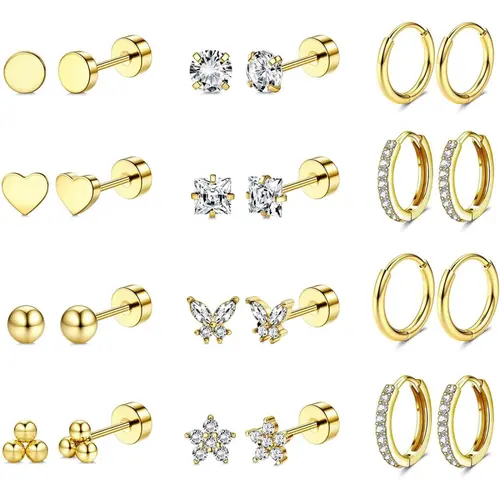 Jstyle 12-Pair Hypoallergenic Surgical Steel Earring Set - 14 Karat Gold Plated Flat Back, Heart Shaped, Gold Cubic Zirconia for Sensitive Ears, Non Tarnish Jewelry Stack & Earring Stacks for Multiple Piercings