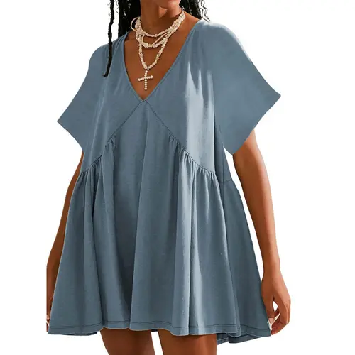 UANEO Womens Summer Mini Dress Casual Short Sleeve Loose V Neck Swing Sundress with Pocket Minimalist Batwing