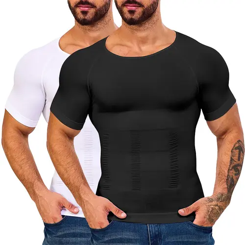 CATTIBOR Spandex Menswear 1/2/3/4 Pack Men's Shaping Round Neck Short Sleeve Shirts, Fitness Exercise GYM Body Shaper Tanks Tops, Back to School Outfits