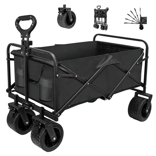 SZHLUX Collapsible Foldable Wagon,Beach Wagon with Big Wheels for Sand,Utility Grocery Wagon with Side Pocket and Brakes for Camping Sports Outdoor Activities Large Capacity