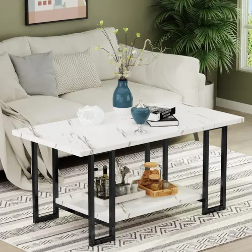 AWQM Marble Coffee Table, Faux Marble Top Rectangular Coffee Table with Black Metal Frame, 2 Tier Living Room Table for Living Room, Office, Balcony, 40 Inch