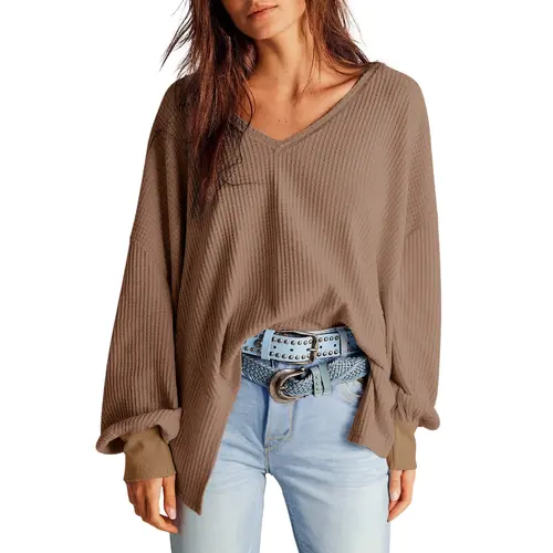 Dokotoo Womens Waffle Knit Tops Trendy Fashion 2026 Oversized T Shirts Lightweight V Neck Casual  Batwing Sleeve Loose Fit Irregular Hem Boyfriend Style Oversized Fall Outfits Basic Womenswear