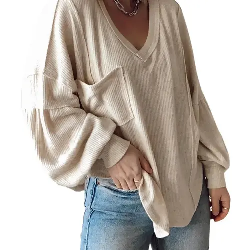 BTFBM Women's Casual Basic V-Neck Ribbed Knitted Shirts Pullover Tunic Tops Loose Balloon Sleeve Blouses Top
