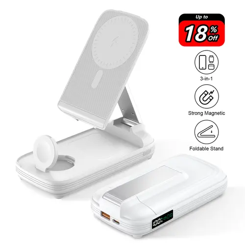 3-in-1 Foldable Wireless Power Bank, 10000mAh Magnetic Power Bank with Adjustable Phone Stand, Fast Charger, Portable Wireless Charger with Digital Display for iPhone 17 / 16 / 15 / 14 / 13 / 12 Series & Earbuds & Apple Watch mothersdaygift