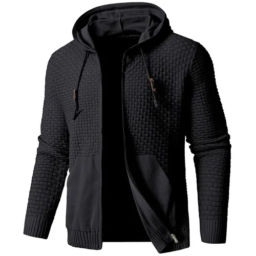 Zaitun Men's Hooded Cardigan Sweater - Full Zip-Up Cozy 3D Waffle Knit Long Sleeve Slim Fit Lightweight Top with Pockets for Fall, Menswear, Casual OOTD, Modern Hooded Street Look, Soft Solid Hood, Stylish Layering Piece