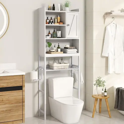 AWQM Over The Toilet Storage Cabinet, Freestanding Bathroom Organizer with Adjustable Shelf & Paper Hook, Space-Saving Toilet Rack, White/Rustic Brown, Retro Style