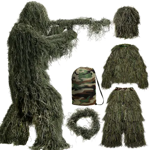 ABORON 5-in-1 Ghillie Suit - 3D Camouflage Hunting Apparel (Jacket, Pants, Hood, Carry Bag) for Unisex Adults, Kids, Halloween Wrap Costume (S/M/L), Halloween Costume, Youth
