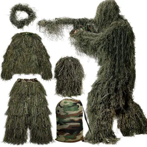 Naudacaa 3D Camouflage 5-in-1 Ghillie Suit Hunting Apparel, 24.41"–35.83" Jacket, 31.5"–45.28" Pants, Gun Wrap Ready Hood (Hides Head), Carry Bag for Men’s Tactical Wildlife Stalking Gear