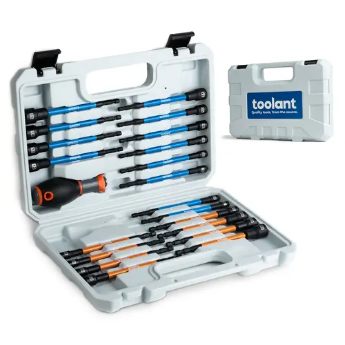 Toolant 21pcs High-Quality Magnetic Screwdriver Set - SAE/Metric Extra Long Combination Nut Driver Kit for DIY Maintenance, Manual Users, Multiple Tasks, with Additional Handle, Precision Assorted Bits, Bit Clip, Power Tool Bypass, Assorted Bits Tool Kits