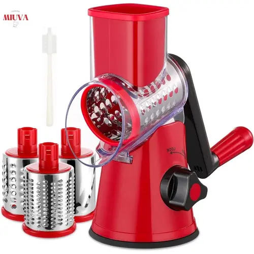 ONESHOW HOME Handheld 3-in-1 Stainless Steel Barrel Rotary Cheese Grater with Rotary Handle (Saves Arm Strain), Interchangeable Blades, Strong Suction Cup Base, Compact Storage, Quick Rinse Kitchen Utensil for Nuts & Chocolate Prep, Fruit & Veg Ready