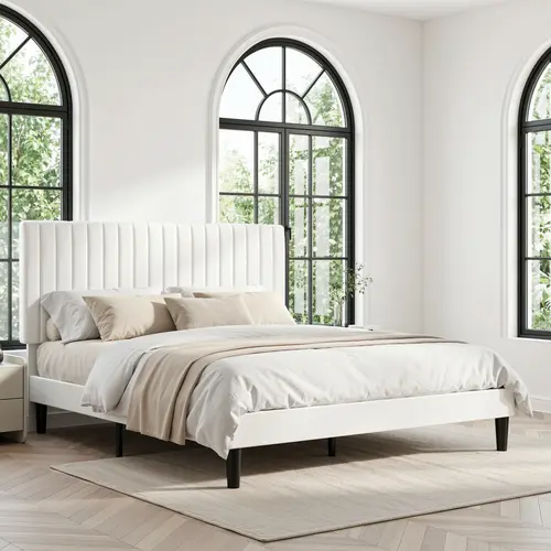 HOOMIC Modern Velvet Upholstered Platform Bed Frame【Frame Only No Mattress】with Adjustable Vertical Channel Tufted Headboard,Wooden Slats Support,Full/Queen/King,No Box Spring Needed#TikTokShopDealsforYouDays#DealsforYouDays#Summervibes#Summergarden