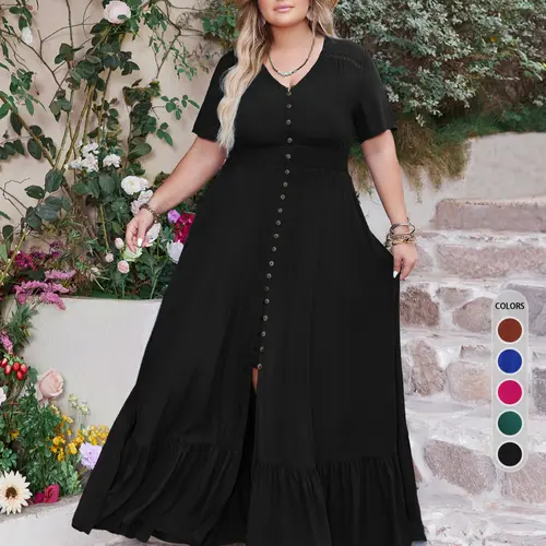 Plus Size Solid A-Line Dress with Faux Buttons and Hollow-Out Detail, Boho Bohemian Ruffle-Hem V-Neck Dress for Summer Beach Vacation, Women's Casual Wear Piece