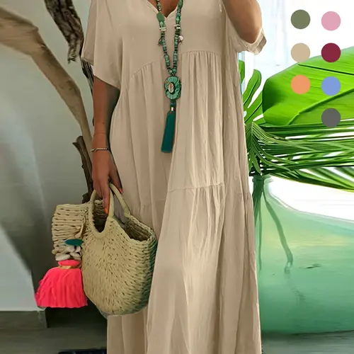 Plus Size Women's Summer Casual Loose V-Neck Plain Long Dress, Boho Style, Short Sleeve, Tiered Layer, Spring & Fall Fashion