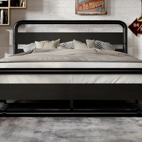 MUTICOR Metal Bed Frame with Round Wooden Headboard and Footboard, Platform Bed Frame with Under Bed Storage【Frame Only No Mattress】Strong Metal Slat Support, No Box Spring Needed, Modern#TikTokShopDealsforYouDays#DealsforYouDays#Summervibes#Summergarden