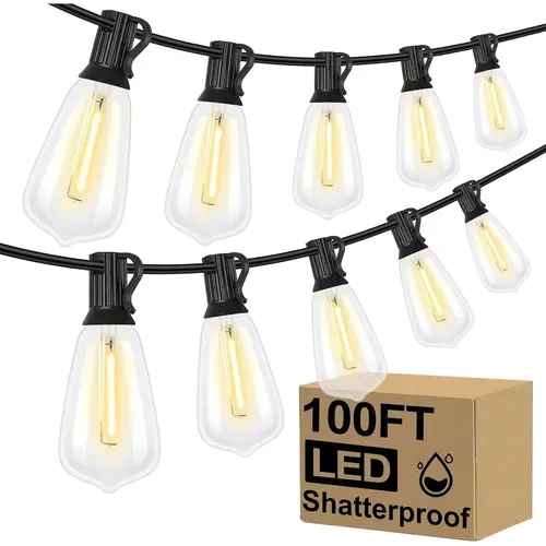 【NO Solar】Waterproof Outdoor String Lights, US Plug Connectable ST38 LED Light String with Vintage Edison Bulbs Dimmable Shatterproof Outside Hanging Lights Backyard Balcony,campingessentials,outdoorfurnitureset,campinggear, Party Lights, Mood Lighting