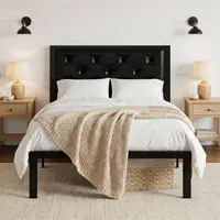 SHA CERLIN Metal Upholstered Platform Bed Frame with Headboard of Button Tufted Linen Fabric /Faux Leather,【Frame Only No Mattress】Twin/Full/Queen/King Size, Iron Slats Support, No Box Spring Needed Summervibes Father's day Gift,dorm essentials,home decor