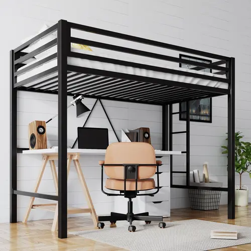 SHA CERLIN Twin Size Junior Loft Bed/【Frame Only No Mattress】Heavy-Duty Metal Frame with Full-Length Guardrail & Removable Stairs/Space-Saving & Noise-Free/No Box Spring Needed Summervibes Father's day Gift,dorm essentials,home decor