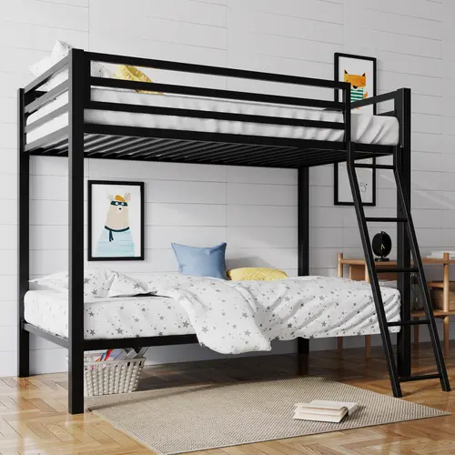 SHA CERLIN All-Metal Twin Loft Bunk Bed Frame (No Mattress) - Industrial Design, Inclined Stairs, Full-Length Guardrail, Compact Child-Sized Indoor Furniture, Easy to Climb & Assemble, Loft Bed