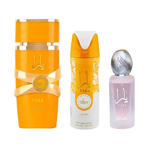 Lattafa Yara Tous EDP Perfume Set - 3-Piece Self Care Products Bundle with 100ml Long-Lasting EDP Liquid Colognes, 200ml Deo, 50ml Hairmist (Pre-Filled Micro-Bottles Fragrance Sets)
