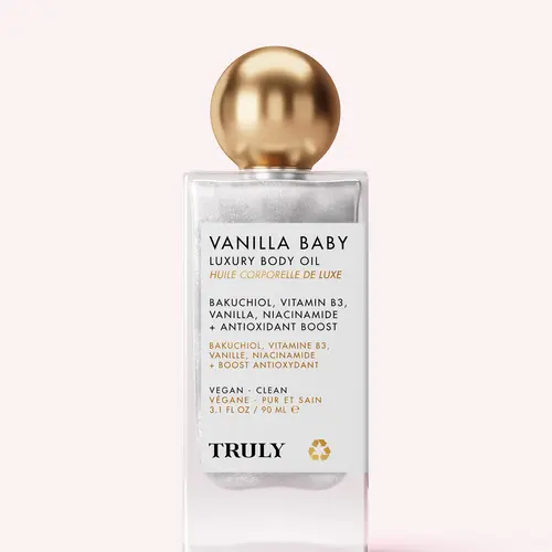 Vanilla Baby Plumping Body Shimmer Oil – Brightening Formula with Niacinamide & Bakuchiol – Hydrates, Firms & Nourishes for Radiant Skin – Boosts Elasticity & Smoothness with a Silky, Shimmering Finish – Warm Vanilla Scent