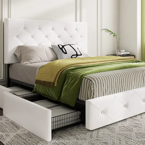 MUTICOR Storage Bed frame with 4 Drawers【Frame Only No Mattress】Upholstered Platform Bed with Button Tufted Adjustable Headboard,No Box Spring Needed，Full/King/Queen Bed Frame #TikTokShopDealsforYouDays#DealsforYouDays#Summervibes#Summergarden