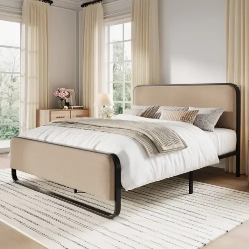 SHA CERLIN Bauhaus Bedroom Bed Frame - Upholstered Modern Bed Frame with Curved Black Metal, Soft Fabric Meets Steel, Full/Queen/King Size, Corduroy or Beige Linen Modern Bedroom Furniture, Upholstered Modern Bed Frames, Queen Bed Frame