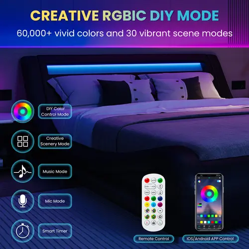 SHA CERLIN Deluxe LED Modern Platform Bed Frame - PU Leather Upholstered Adjustable Cloud LED Headboard, Low Profile Sleigh Design, Heavy Duty Wood Slat Support, No Box Spring Needed, Summervibes Gift (Full/Queen/King Sizes), Queen Size Bed Frame