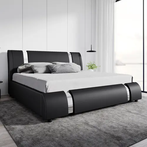 SHA CERLIN Upholstered Platform Bed Frame - Deluxe PU Leather Modern Low-Profile Curved Sleigh Design, Heavy-Duty Solid Wooden Slats Support, Freestanding Full-Sized Frame, No Mattress/Box Spring Needed, Summervibes Gift, Upholstered Bed Frames, Heavy Dut