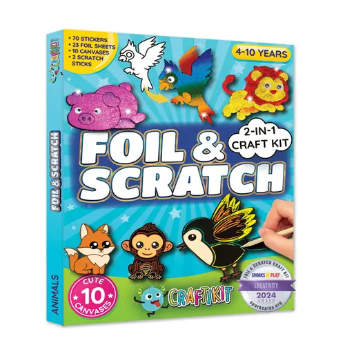 Craftikit Foil & Scratch Art Crafting Kit for Kids Ages 4-10, Screen-Free Rainy-Day Craft Fix, 10 Animal Scenes, 20+ Colorful Foil Sheets, 70+ Stickers, Mess-Free Creative Activity