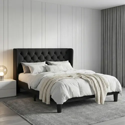SHA CERLIN Modern Upholstered Linen Sturdy Platform Bed Frame with Wingback Button-Tufted Headboard, Solid Wood Build, Easy Setup, Full/Queen/King Sizes, No Box Spring or Mattress Needed, Father’s Day Furniture Gift, Modern Upholstered Bed