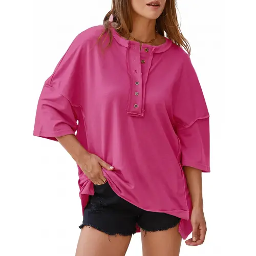 Shewin Summer Outfit Women's Henley Button Shirts - Oversized Short Sleeve Ribbed Chic Fabric Cotton Blend Casual Daily Wear for Jeans Pairing DealsForYouDays,back to school,back to school shopping
