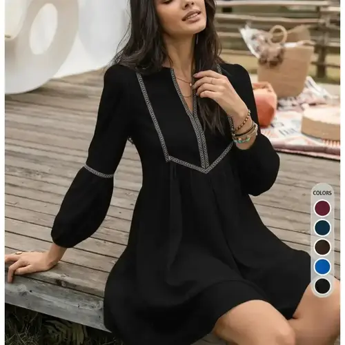 Women's Geometric Embroidery Smock Dress, Boho Casual Bishop Long Sleeve Notched Neck Short Dress for Beach Vacation Holiday, Ladies Clothes for All Seasons