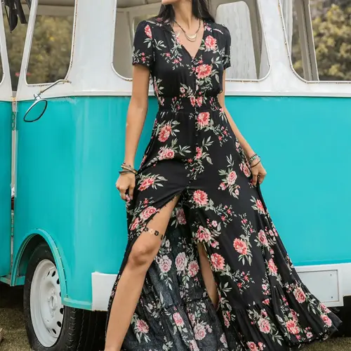 Women's Floral Print Button Front Split Thigh Dress, Boho V Neck Short Sleeve Shirred Waist Ruffle Hem Long Dress, Lady Summer Clothes for Holiday, Bohemian Style Dresses, Beachy Style Dress, Womenswear