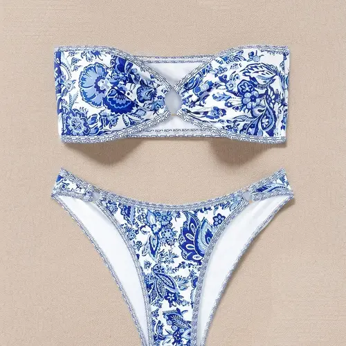 Women's Floral Print Ring-Linked Bikinis Set, Boho Ruched Bandeau Swim Top & High Cut Swim Thong, Chic Ladies Bathing Suit Floral Print Beachwear, Flower Bikini Set