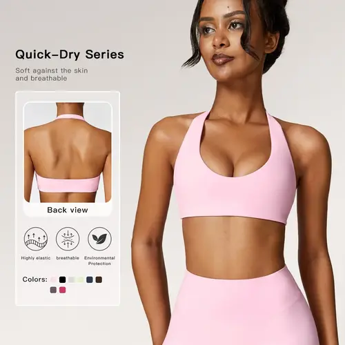 Women's Solid Wireless Halter Sports Bra, Breathable Comfortable High Stretch Sports Bra, Ladies Sportswear for Workout Gym Yoga, Workout Bras