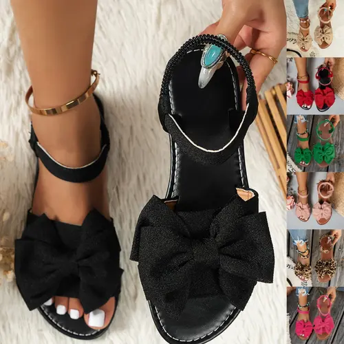 Women's Cute Bowknot Design Flat Sandals, Ankle Flat Sandals, Classic Sandals, Classy Sandals, Casual Versatile Flat Sandals for Summer Beach Vacation, Fashionable All-match Sandals for Daily Life Footwear, Textile Material