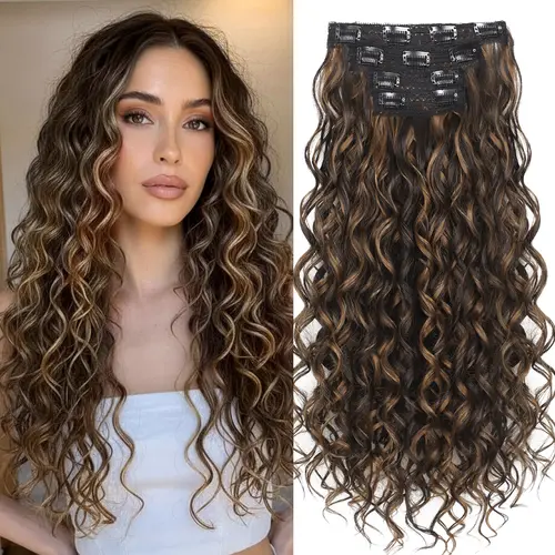 Women's 22-Inch Clip-In Hair Extensions, 4-Piece Silky Soft Synthetic Waves Pieces with Invisible Flat Lace Weft, Lightweight Curly Hair for Quick Glam Changes & All-Day Casual Fashion, Dark Chocolate Brown