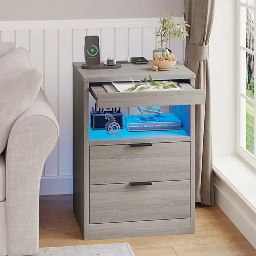 Sikaic LED Nightstand with Wireless Charging Station, Modern Bedside Table with 2 Drawers, Pull-Out Tray and LED Lights, End Side Table for Bedroom, Home Furniture Christmas Gifts [SohoChic]