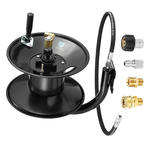 M MINGLE Heavy Duty Water Hose Reel Full Kit - 100 ft 3/8" NPT to M22 14mm Adapter, Corrosion-Proof Mounted Reel with Leakproof Fittings for 4000 PSI Power Wash Whip Hose Tool Upgrade