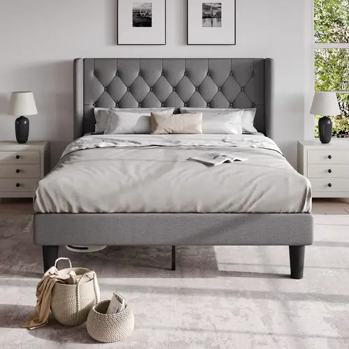 HOOMIC Classic Platform Bed Frame【Frame Only No Mattress】with Button Tufted Wingback Headboard,Upholstered Platform bed with Strong Wooden Slats Support,No Box Spring Needed,Full/Queen/King Size#SummerVibes