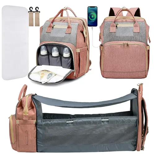 Kabaqoo Unisex Oxford Travel Diaper Bag Backpack, Large Waterproof Multifunctional Bag with USB Port, Shoulder Strap, Zippers, Foldable Table for Parents, Ideal for Outdoors