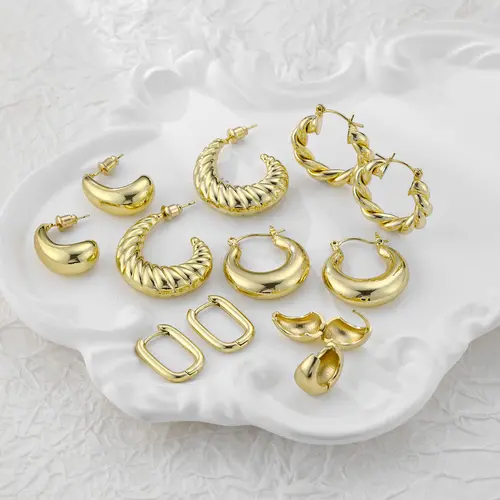 MIDEEO Women's 6-Pair 14-Carat Gold Hoop Earrings - Chunky Statement Earrings, Lightweight Hypoallergenic Gold Finish Jewelry, Elegant Gift Accessories, Earring Hoops
